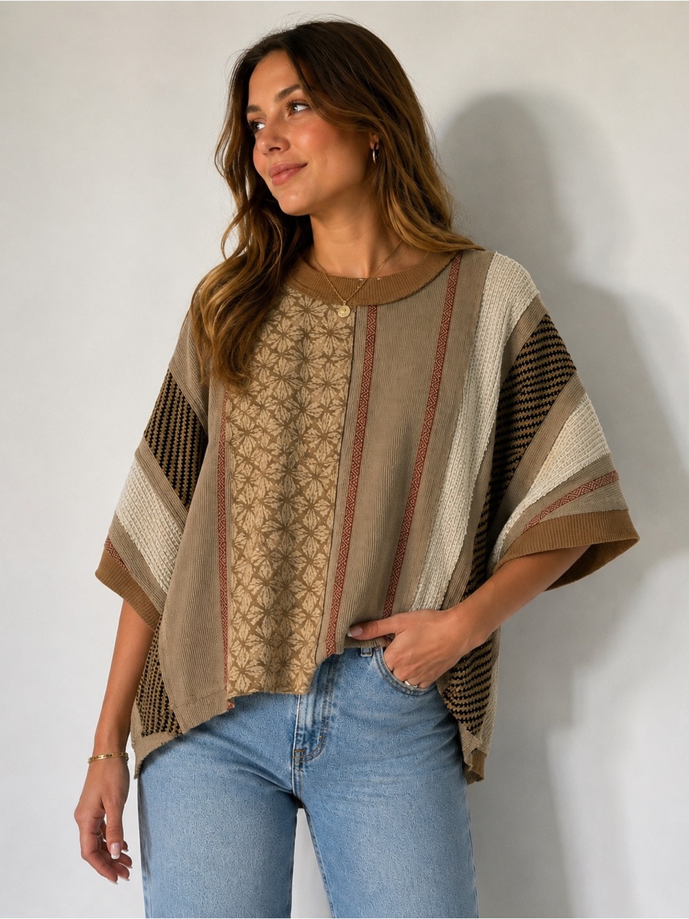 Artistic Works by Lu Mixed Knit Oversized Sweater Boho Patchwork NWT Medium